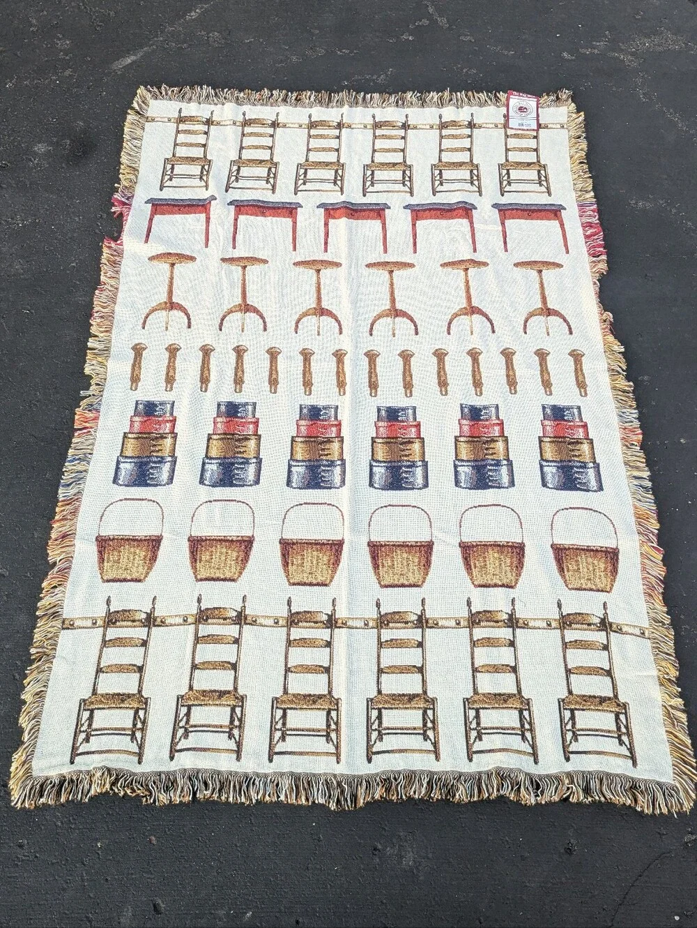 Woven Tapestry Throw with Basket & Chair Motif By The Rug Barn Shaker Style